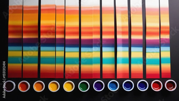 Fototapeta Vibrant array of color samples with matching paints on black background artistic illustration