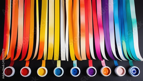 Fototapeta Vibrant color palette displayed with paints and corresponding ribbons against black background