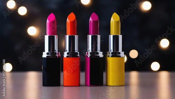 Fototapeta Vibrant collection of colorful lipsticks displayed against a soft bokeh background.