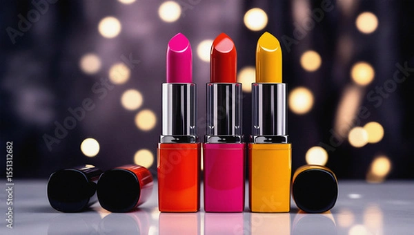 Fototapeta Vibrant colorful lipsticks displayed against a soft bokeh background promoting beauty and cosmetics