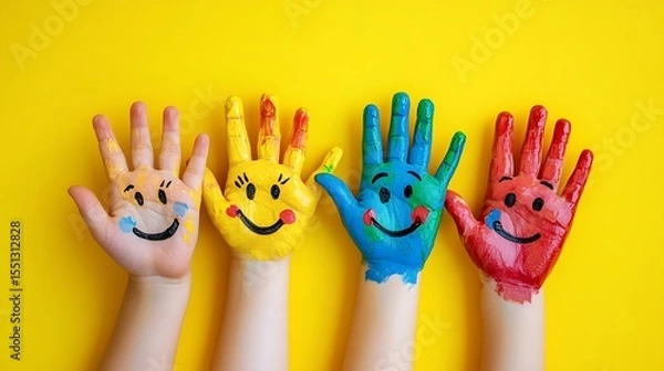 Obraz Hands painted with smiley faces on soft yellow background playful creativity joy expression childhood emotion
