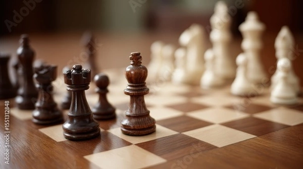 Obraz Intense closeup of a strategic chess game featuring a wooden board and finely carved dark and light pieces in midmove, capturing focus, tension, and concentration.