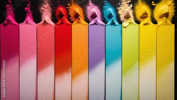 Fototapeta Vibrant rainbow colored powder art composition on a black background displaying a creative arrangement