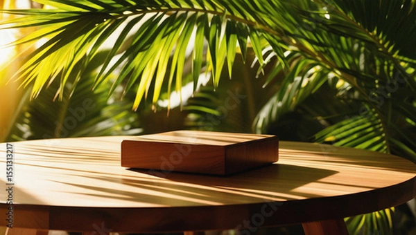 Fototapeta Wooden product display platform on a round table under palm leaves with sunlight