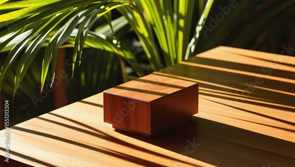 Fototapeta Wooden rectangular display prop with sunlight shadows on a wooden surface and palm leaves.