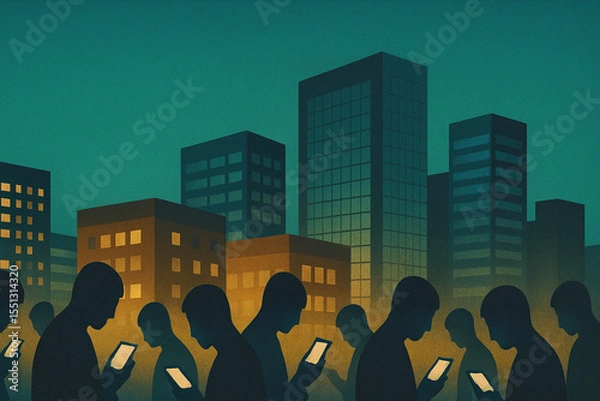 Obraz Silhouetted people stare at glowing phones while walking through a cityscape at dusk, lost in screens