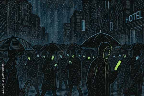 Obraz Hooded figures walk through a rainy city street, faces lit by glowing phone screens in eerie unison
