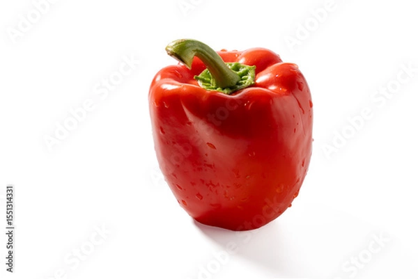 Fototapeta Juicy red bell pepper shown from an angle with droplets of water, set against a bright white backdrop. Emphasizes freshness and vibrant color.