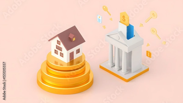 Fototapeta Property Investment: An engaging image depicting the concept of property investment and the financial journey towards owning a home, with elements such as house, coins, bank, and keys.