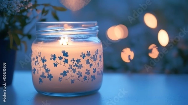 Obraz Illuminated glass jar candle with delicate blue floral pattern glowing softly against a twilight background perfect for product mockup