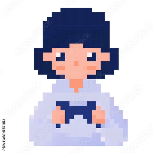 Obraz A girl playing video games in a cozy setting, enjoying leisure time with retro gaming style and pixel art design