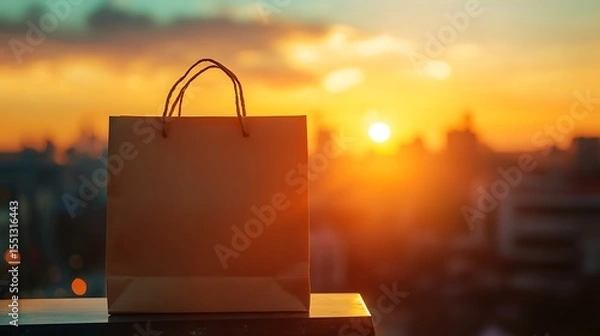 Obraz Kraft paper bag with sunset city view product packaging branding mockup natural light