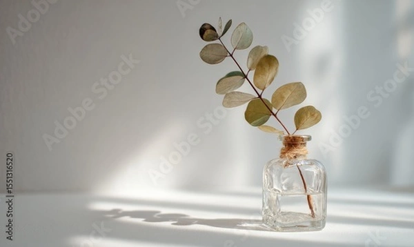 Fototapeta A single eucalyptus branch in a clear glass bottle against a plain light background, softly lit by natural light.