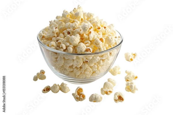 Fototapeta A clear bowl filled with white popcorn and some scattered around on a black background close up shot