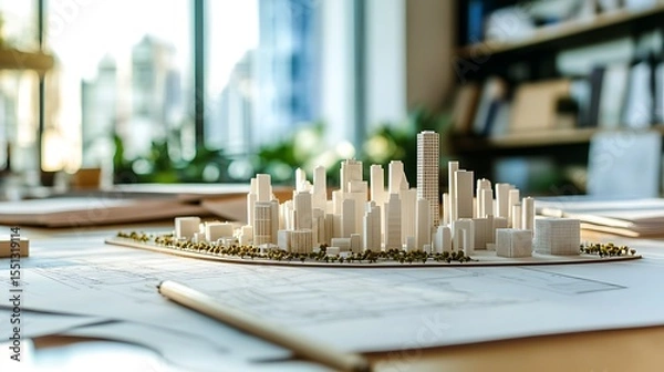 Obraz Miniature city model placed on architect desk with blueprints and ruler capturing urban planning and creative development
