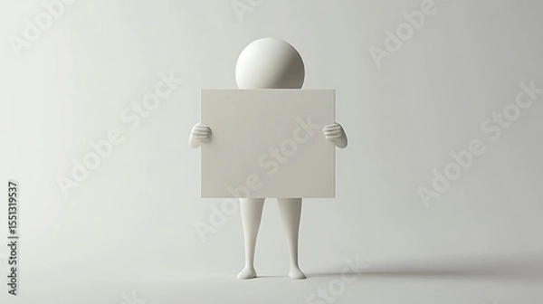 Obraz Minimal 3D white humanoid holding blank board on pure white background clean design concept simplicity message mockup modern
