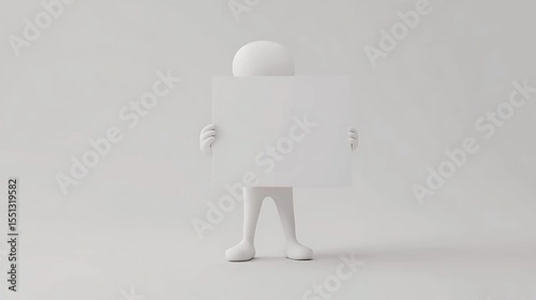 Obraz Minimal 3D white humanoid holding blank board on pure white background clean design concept simplicity message mockup modern