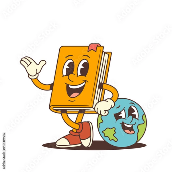 Obraz Cheerful yellow book mascot with red shoes and bookmark leaning on globe and gesturing with hand in fun cartoon style. Perfect for education and global learning concepts. Vector illustration