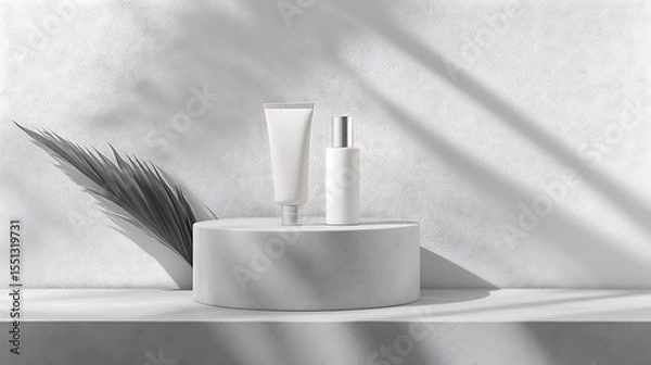 Obraz Minimal skincare product set on textured concrete podium with soft monochrome background modern clean mockup image