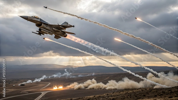 Obraz Fighter jet releases flares in the sky during a military exercise over a landscape