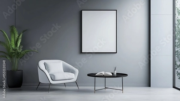 Obraz Minimalist picture frame with line art by reading coffee table in modern living room stylish decor concept