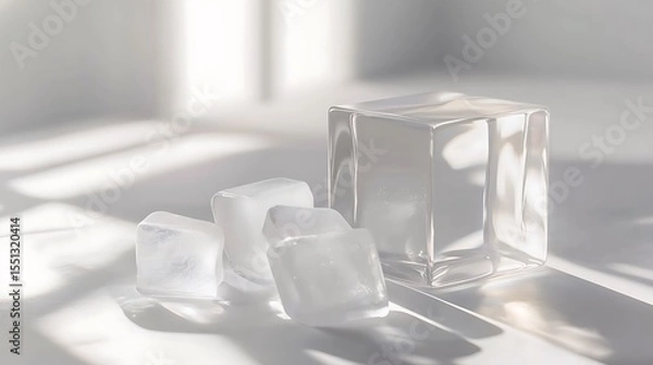 Obraz Minimalist white cube with transparent ice cubes on clean light background elegant product display mockup image