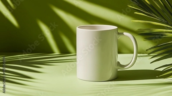 Obraz Mockup of a white ceramic coffee mug placed on lime green background with tropical palm leaves shadow overlay high quality product branding scene