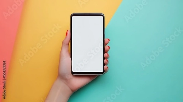 Obraz Mockup of female hand holding blank screen smartphone on color background concept of app design tech display