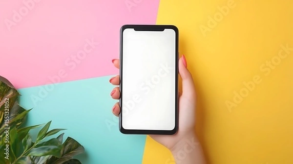 Obraz Mockup of female hand holding blank screen smartphone on color background concept of app design tech display