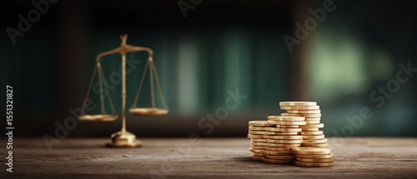 Obraz Stacked gold coin justice scale wooden table blurred background law finance wealth balance legal concept symbolizing fairness and prosperity