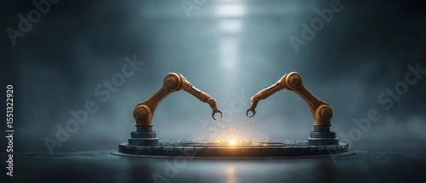 Obraz Robotic arm automation industry technology metal factory circular sparks futuristic machine working in harmony