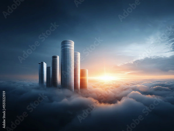 Fototapeta Reflective high rises under layered sunrise clouds, modern skyscraper, futuristic cityscape, dramatic sky serene atmosphere