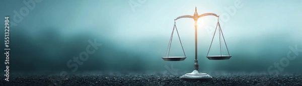 Obraz Shiny steel justice scale, glowing blurred background, symbol of law, balance, equality fairness, legal concept