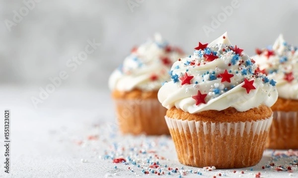 Fototapeta Three cupcakes with white frosting topped with red and blue star sprinkles on a light background. 4th of July, Independence day in United States of America celebration