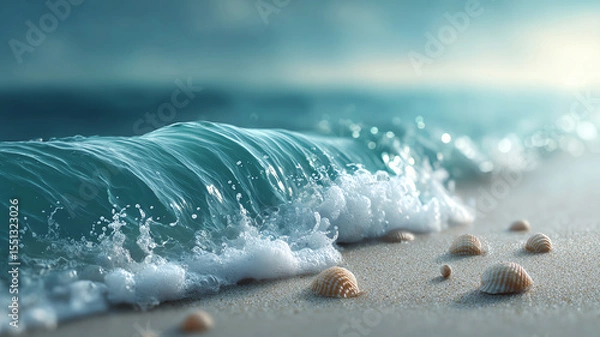 Obraz Soft beach waves shimmering sunlight clean sand seashell tranquil ocean nature summer peaceful coastal