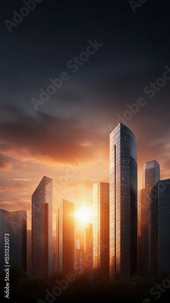 Obraz Sunrise over modern downtown with glass skyscraper dramatic sky urban skyline cityscape tall building architecture