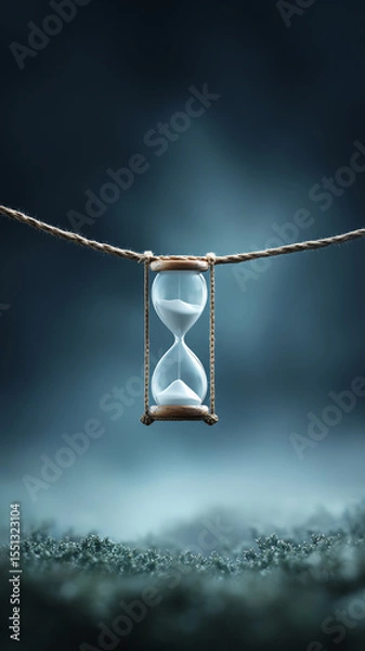 Obraz Surreal hourglass balancing on string above misty ground, symbolizing time, patience and balance in dreamy atmosphere