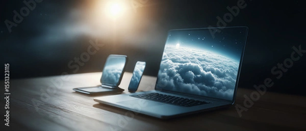 Fototapeta Multiple connected devices syncing through cloud technology, laptop, tablet, smartphone, modern workspace, digital communication