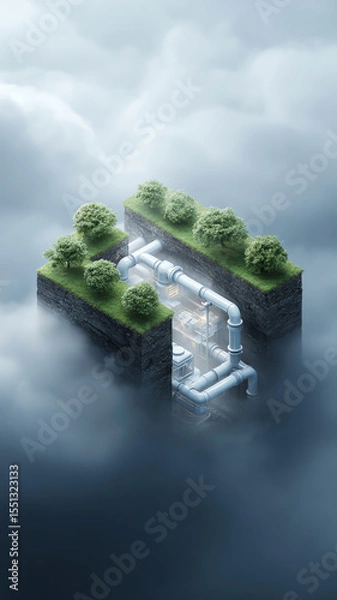 Obraz Underground storage facility hightech pipe green trees misty atmosphere futuristic environmental cloud nature technology