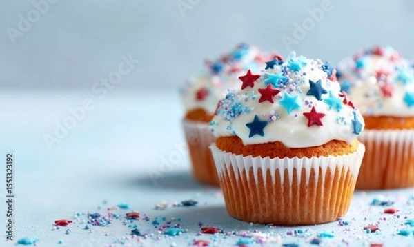 Fototapeta Three cupcakes with white frosting topped with red and blue star sprinkles on a light background. 4th of July, Independence day in United States of America celebration