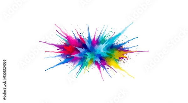 Fototapeta Central Oval Shaped Watercolor Explosion with Radiating Multicolor Splatters on White Background