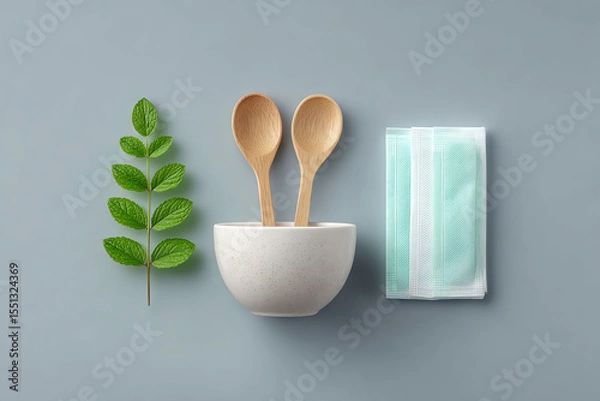Obraz Minimalist flat lay of wooden spoon ceramic bowl mint leaf and sterile nasal rinse kit on gray background, calm and clean concept