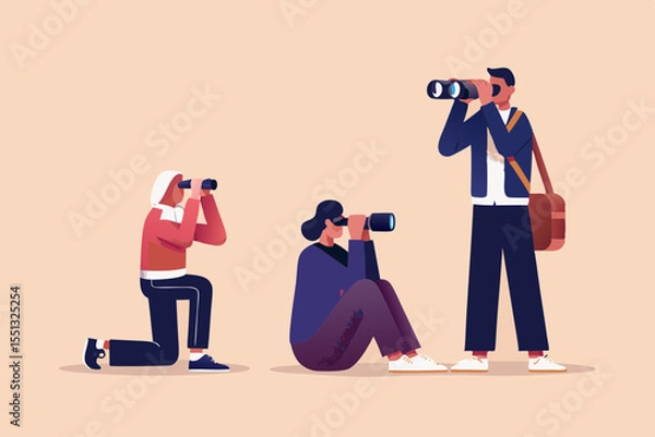 Fototapeta Three People Looking Through Binoculars in Different Positions Searching Observing and Exploring the World Around Them
