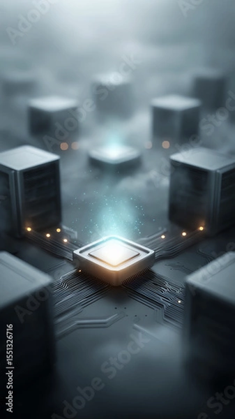 Fototapeta Isometric server room with glowing central processor, futuristic data center, cloud computing digital network and advanced technology