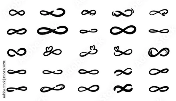 Fototapeta Doodle infinity icon set. Hand drawn endless loop symbols. Vector collection of infinite signs in sketch style. Minimal black outline elements. Isolated illustration.