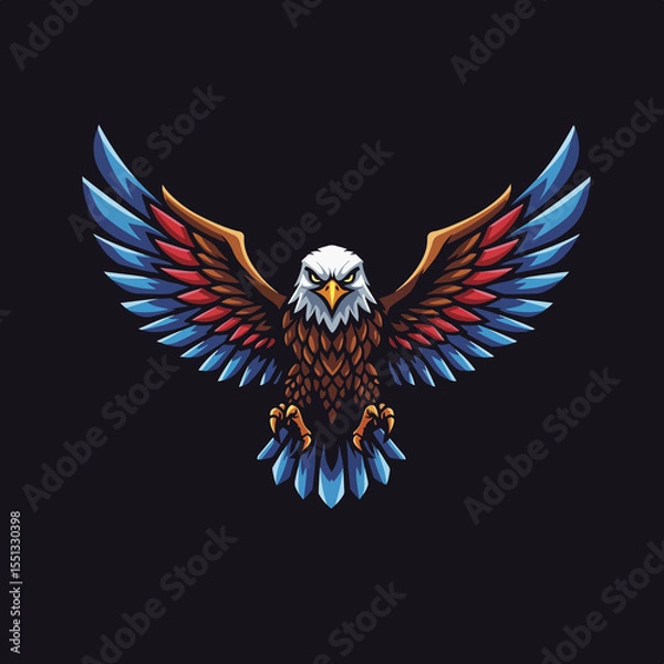 Fototapeta Majestic Eagle Spreading Its Colorful Wings in Flight Against a Dark Background