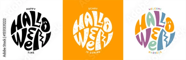 Fototapeta Happy Halloween time round creative inscription lettering. Hand drawn handwritten textured graffiti bold uneven deformed letters inscribed in a circle shape. Poster logo print sticker illustration.