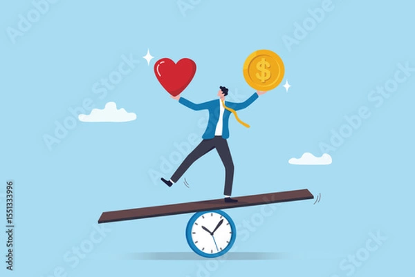 Obraz Career decision choose between passion or money, compensation salary or happiness alternative, occupation or achievement option, businessman balance between money coin and heart shape passion.