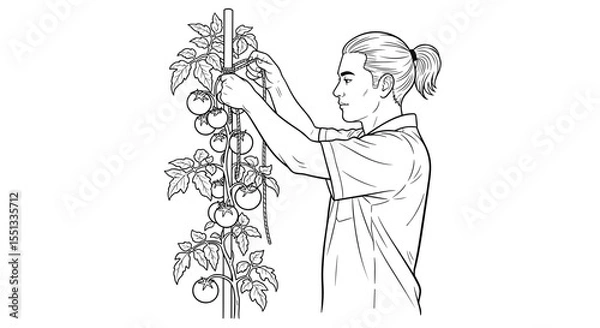 Fototapeta Gardener tying tomato plants to a support pole with focused expression for farming and gardening