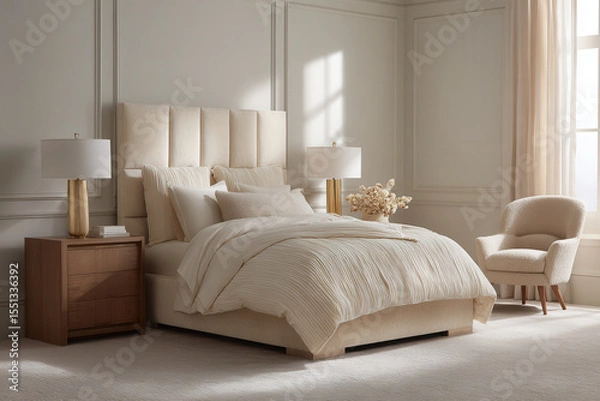 Obraz serene bedroom featuring standout textile piece in neutral palette